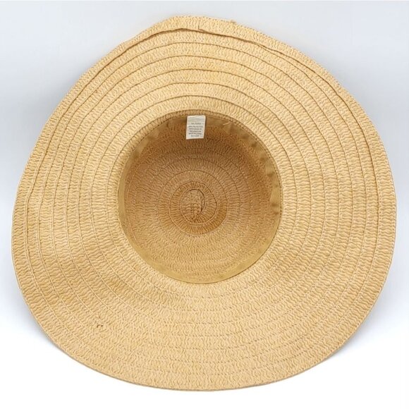 Women's Floppy Wide Brim Straw Summer Hat Tan & Navy - Picture 7 of 10